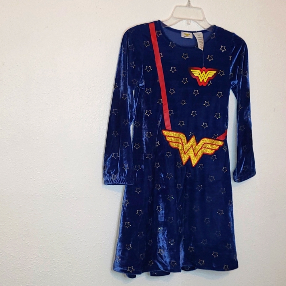 NWT WonderWoman Velour Blue Gold/Red Glitter Embroidered Logo Dress Girl Sz 6/6X